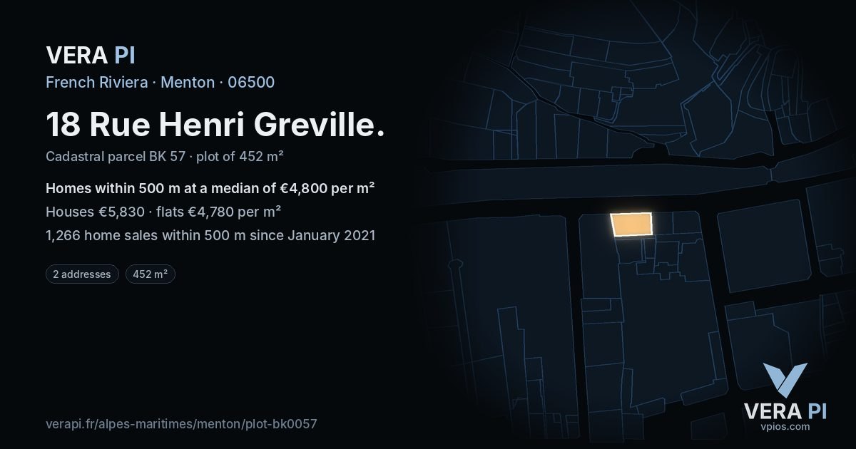 18 Rue Henri Greville, Menton at night – the plot lit, the parcels around coloured by the prices near them