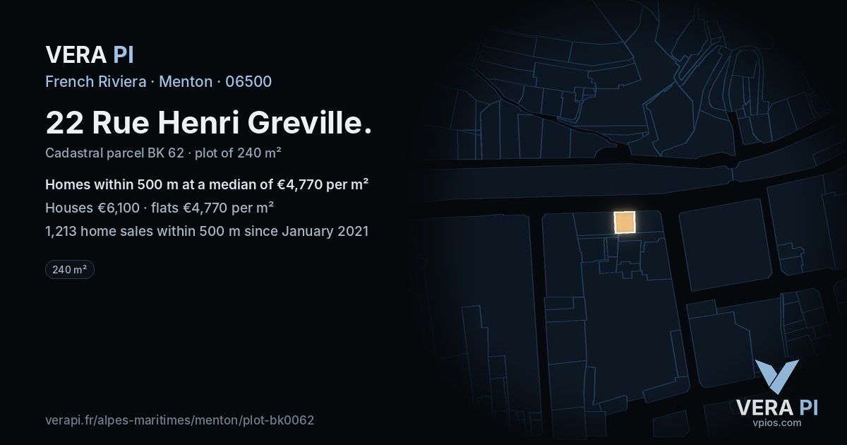 22 Rue Henri Greville, Menton at night – the plot lit, the parcels around coloured by the prices near them