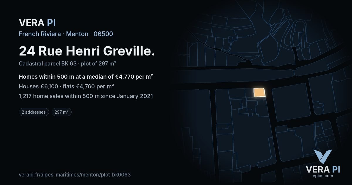 24 Rue Henri Greville, Menton at night – the plot lit, the parcels around coloured by the prices near them