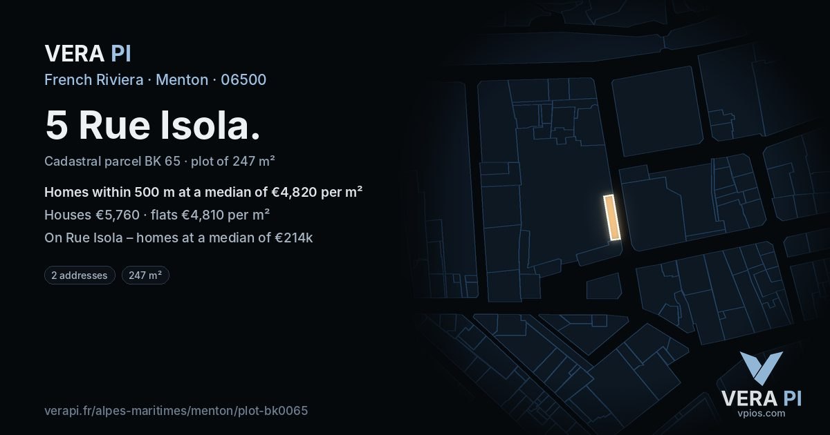 5 Rue Isola, Menton at night – the plot lit, the parcels around coloured by the prices near them