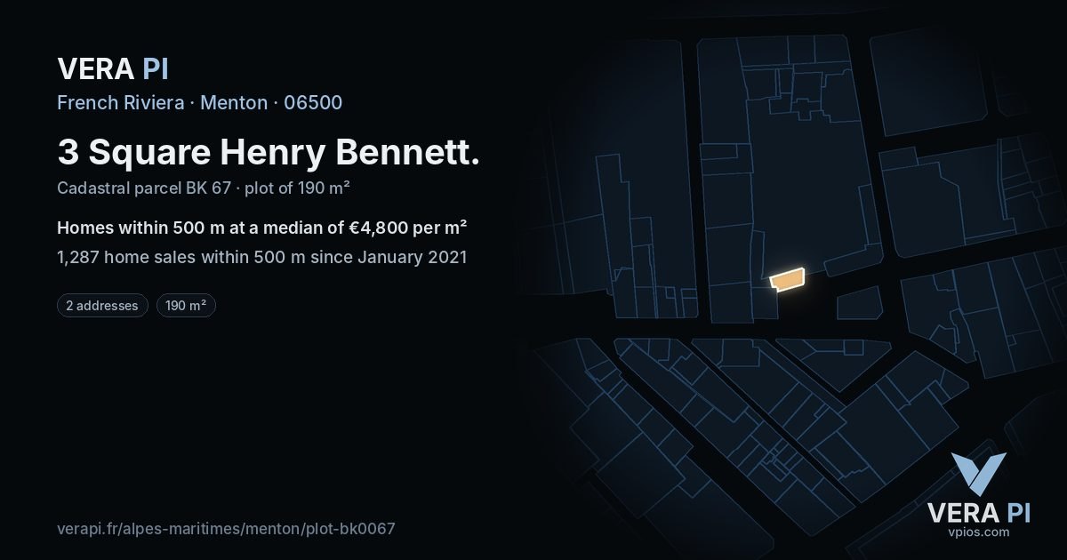 3 Square Henry Bennett, Menton at night – the plot lit, the parcels around coloured by the prices near them
