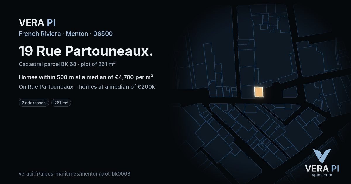 19 Rue Partouneaux, Menton at night – the plot lit, the parcels around coloured by the prices near them