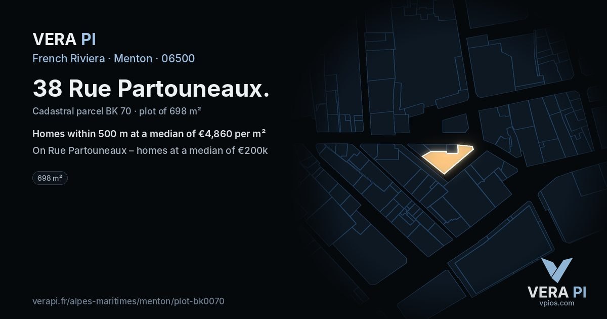 38 Rue Partouneaux, Menton at night – the plot lit, the parcels around coloured by the prices near them