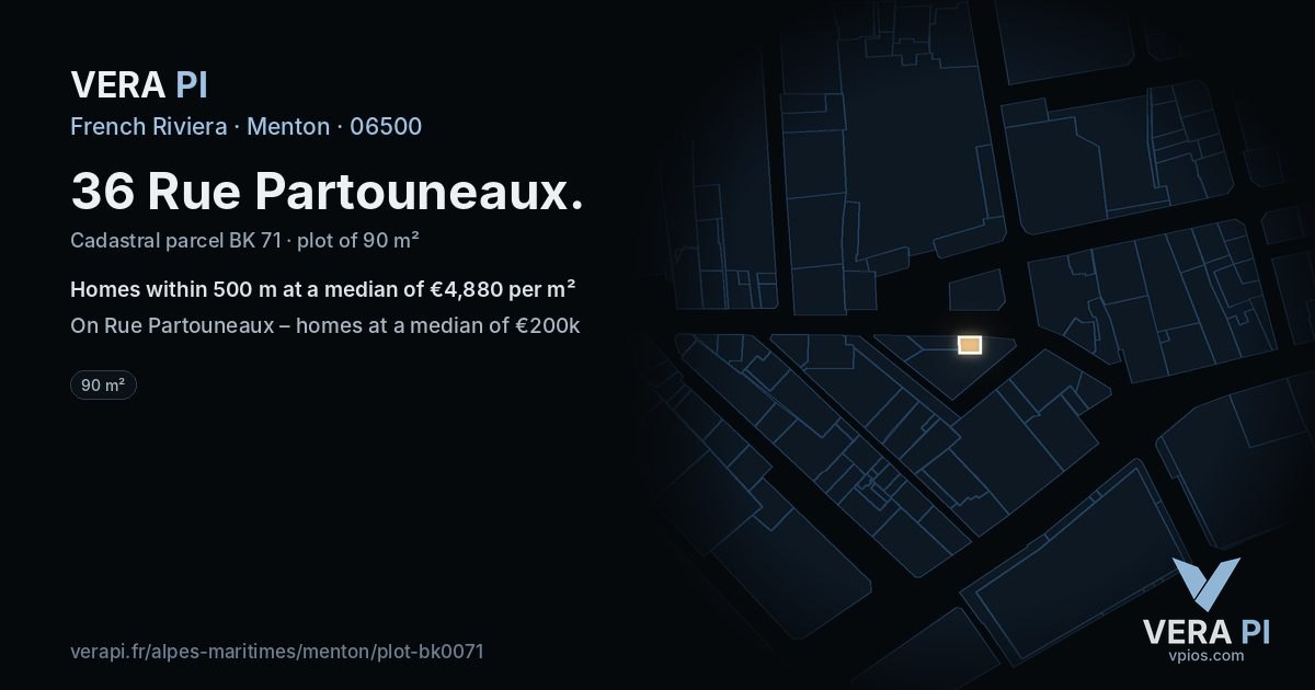 36 Rue Partouneaux, Menton at night – the plot lit, the parcels around coloured by the prices near them
