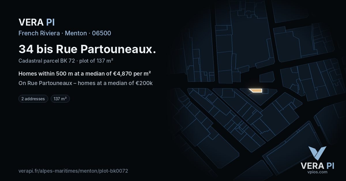 34 bis Rue Partouneaux, Menton at night – the plot lit, the parcels around coloured by the prices near them
