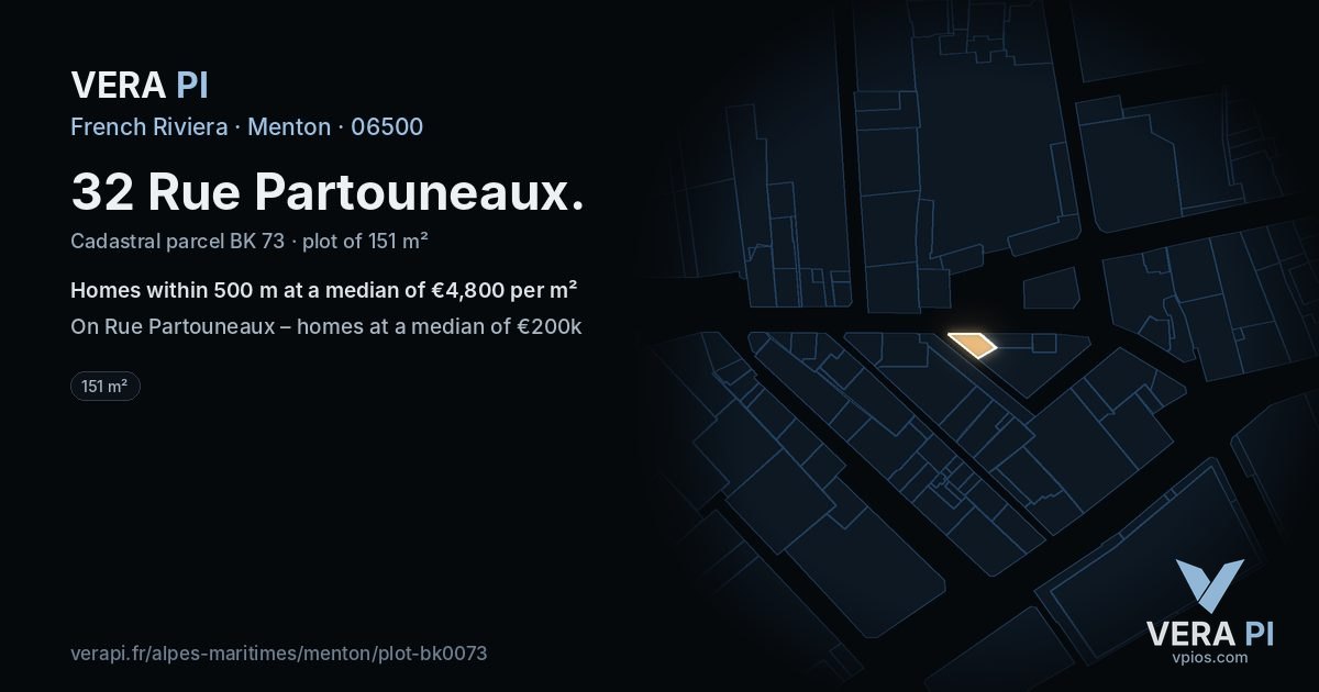32 Rue Partouneaux, Menton at night – the plot lit, the parcels around coloured by the prices near them