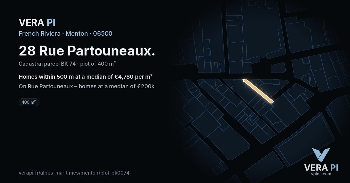 28 Rue Partouneaux, Menton at night – the plot lit, the parcels around coloured by the prices near them