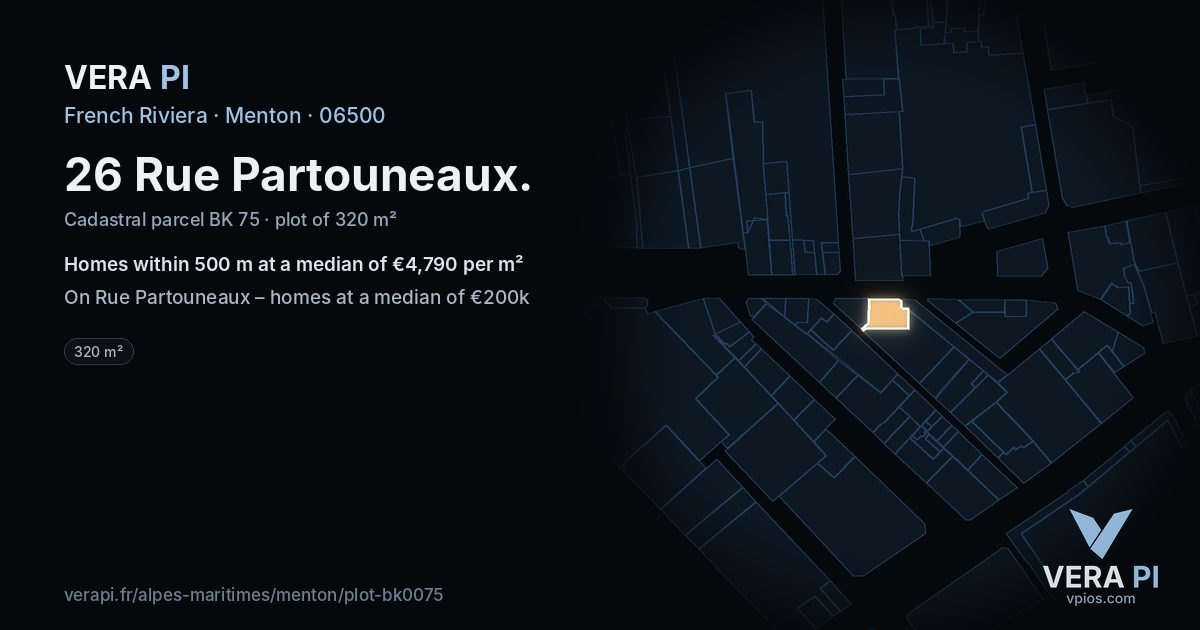 26 Rue Partouneaux, Menton at night – the plot lit, the parcels around coloured by the prices near them