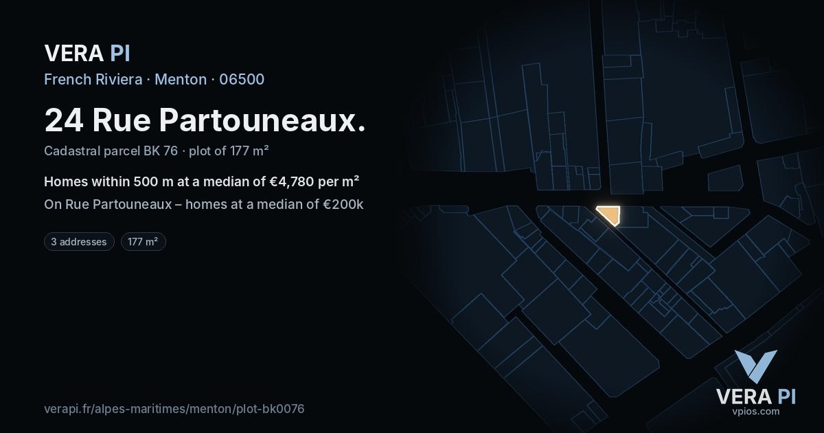24 Rue Partouneaux, Menton at night – the plot lit, the parcels around coloured by the prices near them