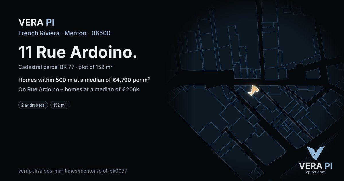 11 Rue Ardoino, Menton at night – the plot lit, the parcels around coloured by the prices near them