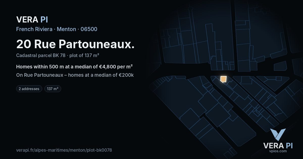 20 Rue Partouneaux, Menton at night – the plot lit, the parcels around coloured by the prices near them