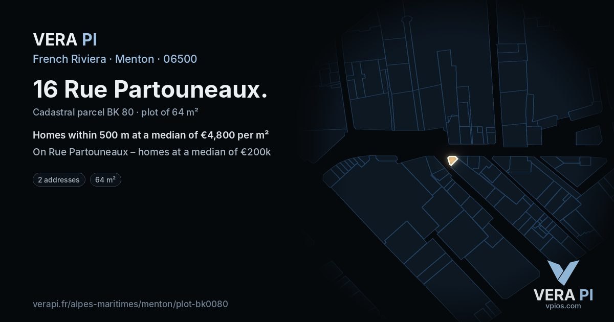 16 Rue Partouneaux, Menton at night – the plot lit, the parcels around coloured by the prices near them