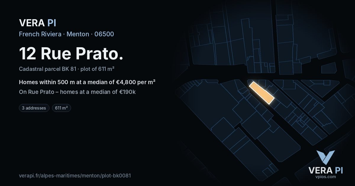 12 Rue Prato, Menton at night – the plot lit, the parcels around coloured by the prices near them