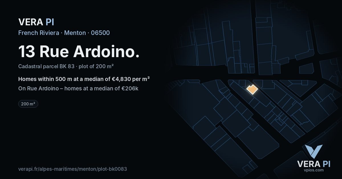13 Rue Ardoino, Menton at night – the plot lit, the parcels around coloured by the prices near them