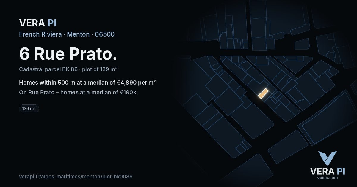 6 Rue Prato, Menton at night – the plot lit, the parcels around coloured by the prices near them