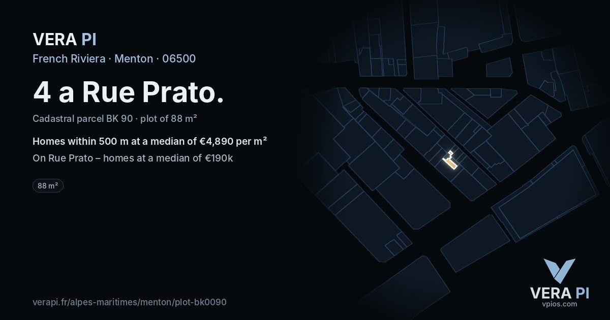 4 a Rue Prato, Menton at night – the plot lit, the parcels around coloured by the prices near them