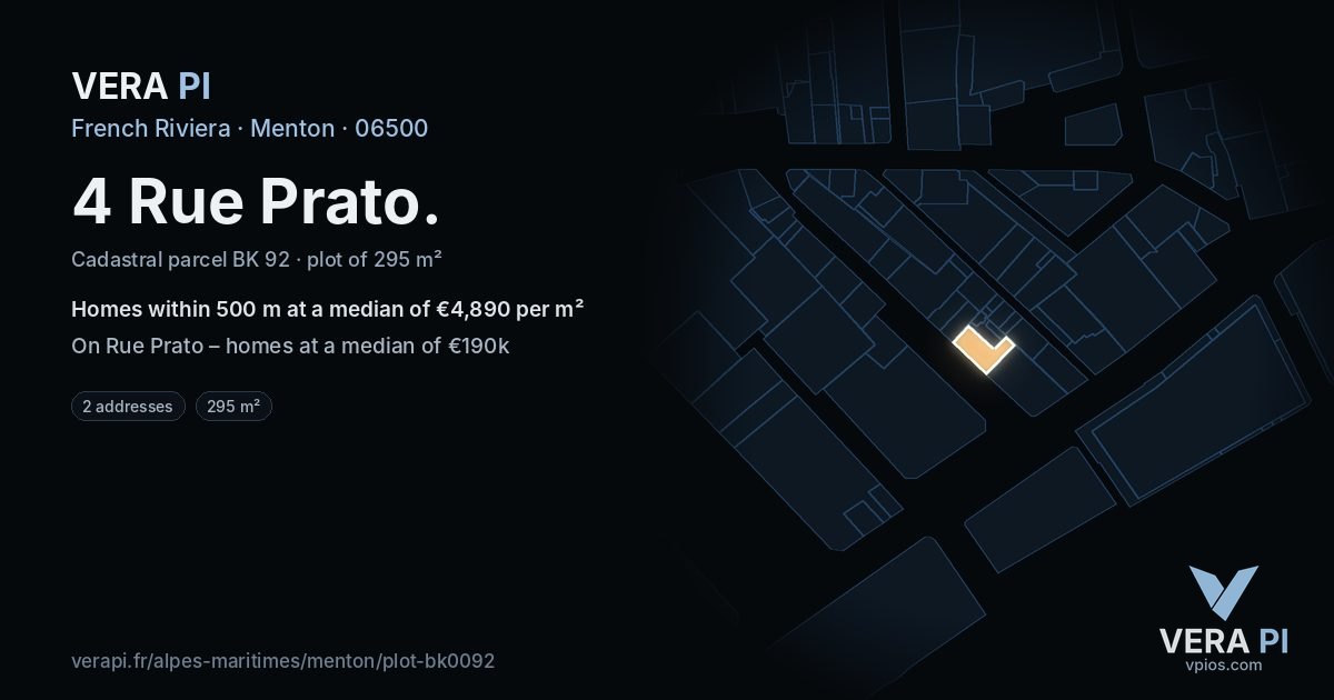 4 Rue Prato, Menton at night – the plot lit, the parcels around coloured by the prices near them