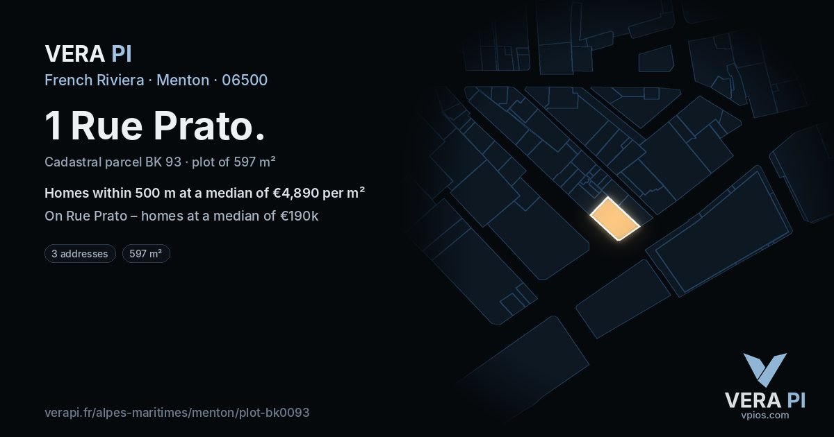 1 Rue Prato, Menton at night – the plot lit, the parcels around coloured by the prices near them