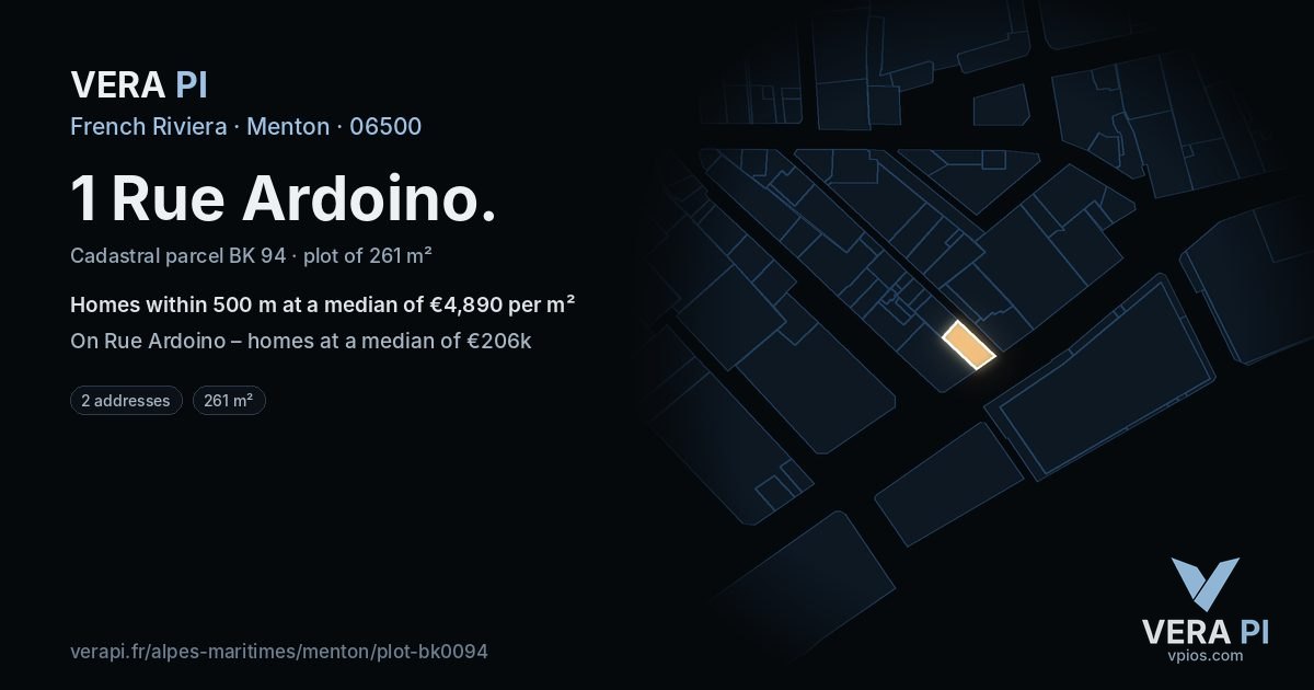 1 Rue Ardoino, Menton at night – the plot lit, the parcels around coloured by the prices near them