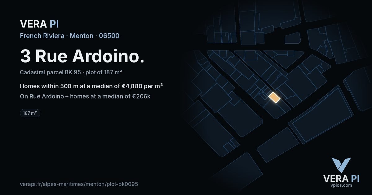 3 Rue Ardoino, Menton at night – the plot lit, the parcels around coloured by the prices near them