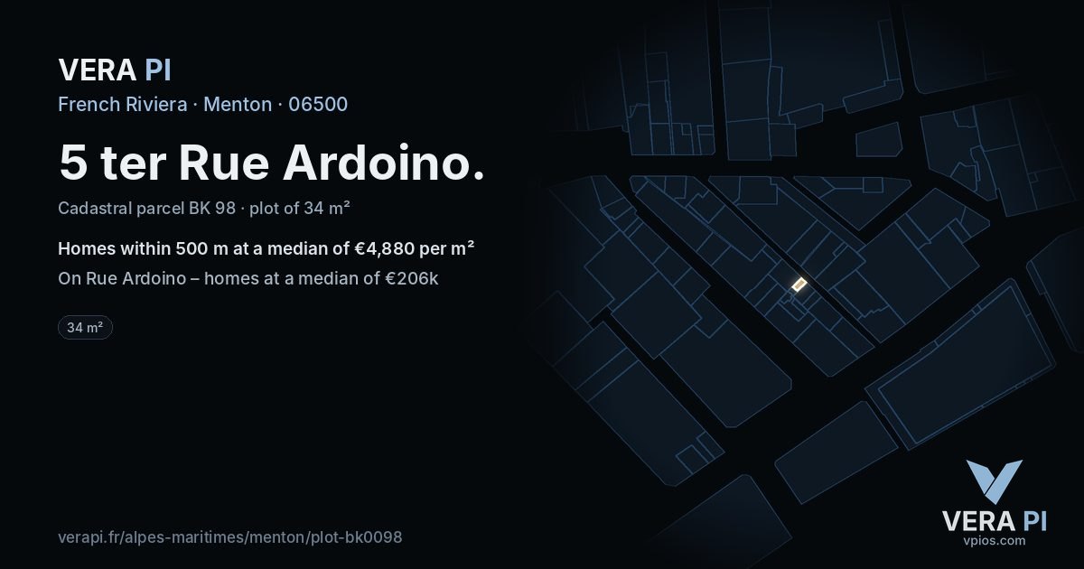 5 ter Rue Ardoino, Menton at night – the plot lit, the parcels around coloured by the prices near them