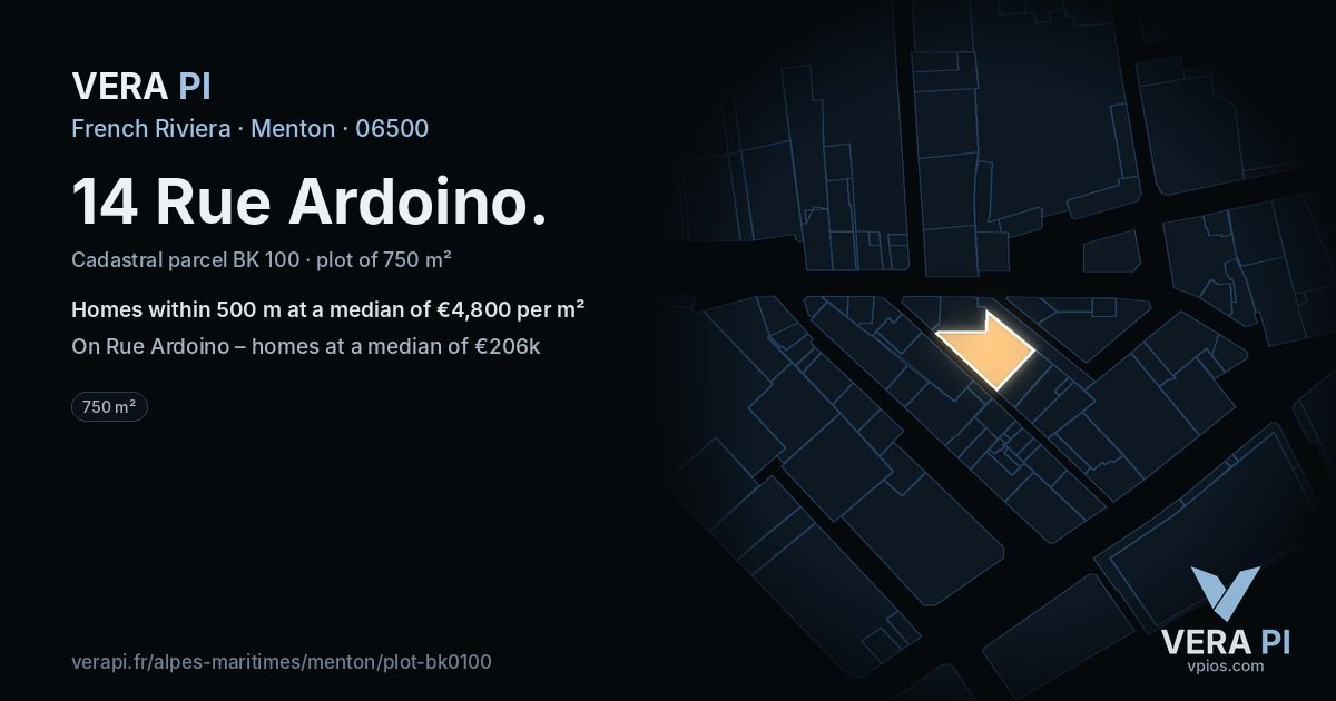 14 Rue Ardoino, Menton at night – the plot lit, the parcels around coloured by the prices near them
