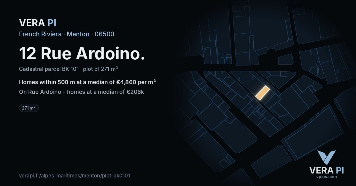 12 Rue Ardoino, Menton at night – the plot lit, the parcels around coloured by the prices near them