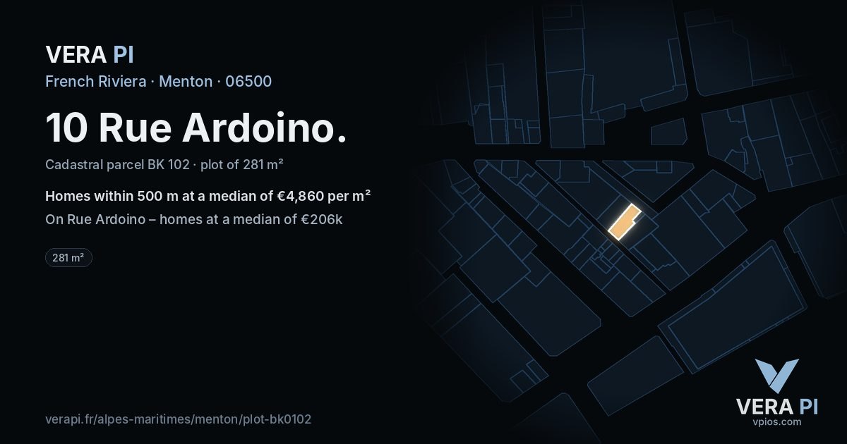 10 Rue Ardoino, Menton at night – the plot lit, the parcels around coloured by the prices near them