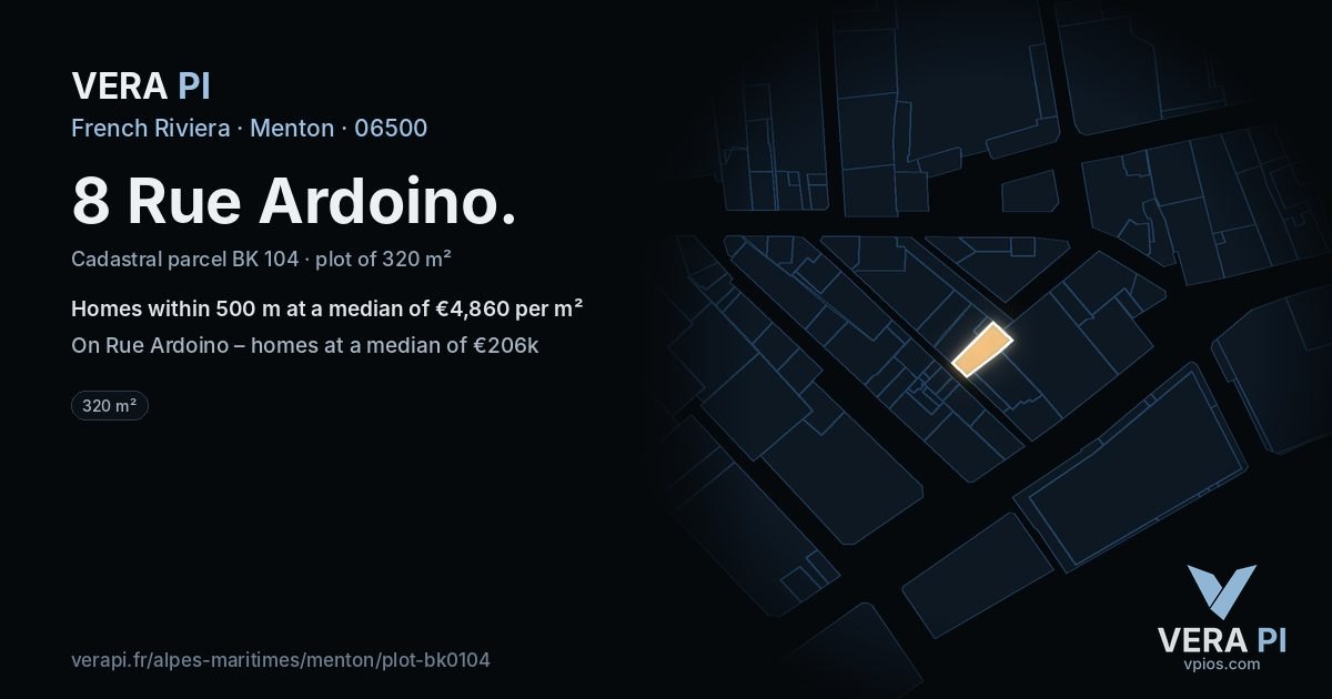 8 Rue Ardoino, Menton at night – the plot lit, the parcels around coloured by the prices near them