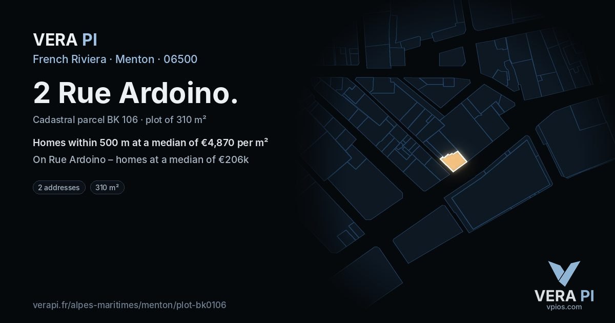 2 Rue Ardoino, Menton at night – the plot lit, the parcels around coloured by the prices near them
