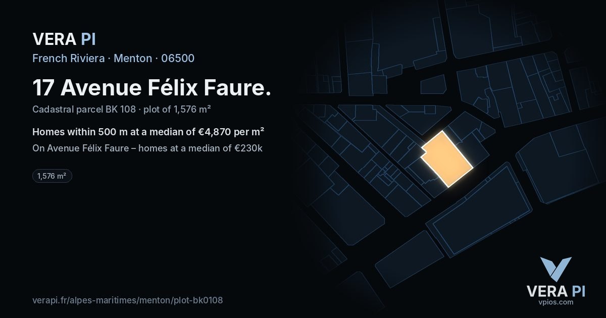 17 Avenue Félix Faure, Menton at night – the plot lit, the parcels around coloured by the prices near them
