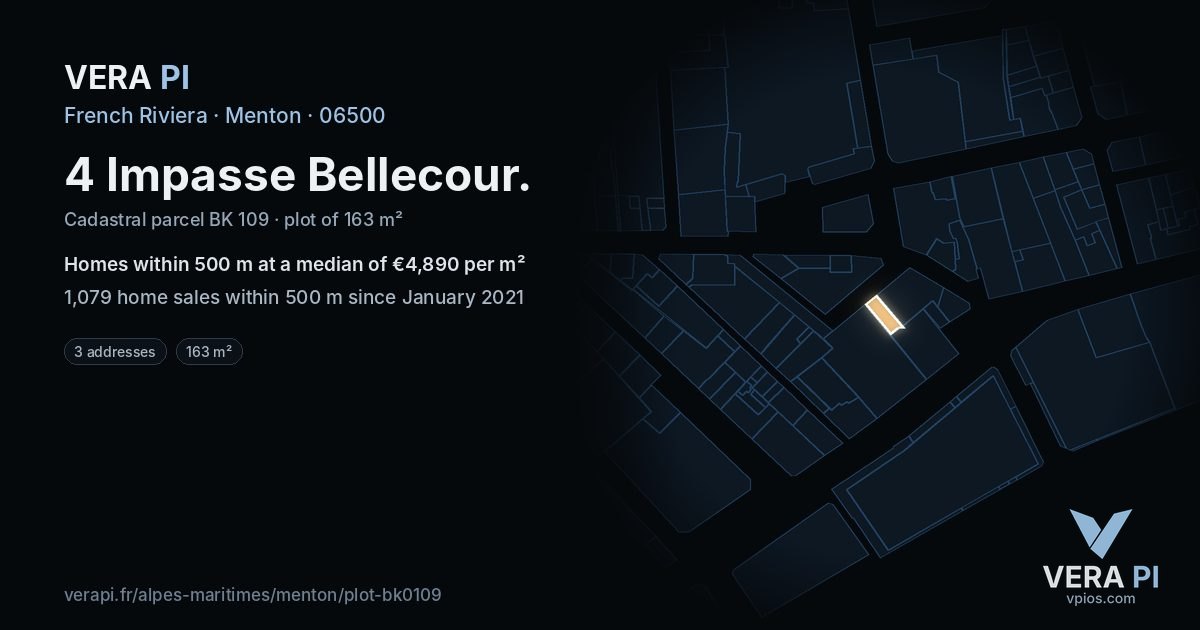 4 Impasse Bellecour, Menton at night – the plot lit, the parcels around coloured by the prices near them