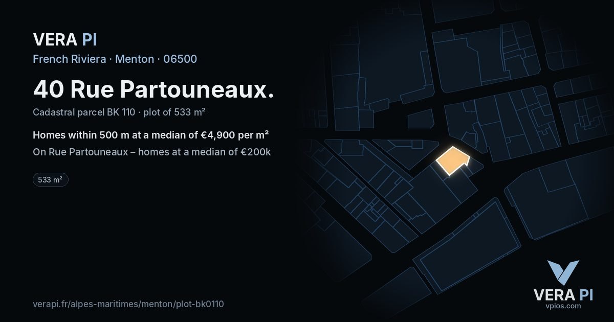 40 Rue Partouneaux, Menton at night – the plot lit, the parcels around coloured by the prices near them