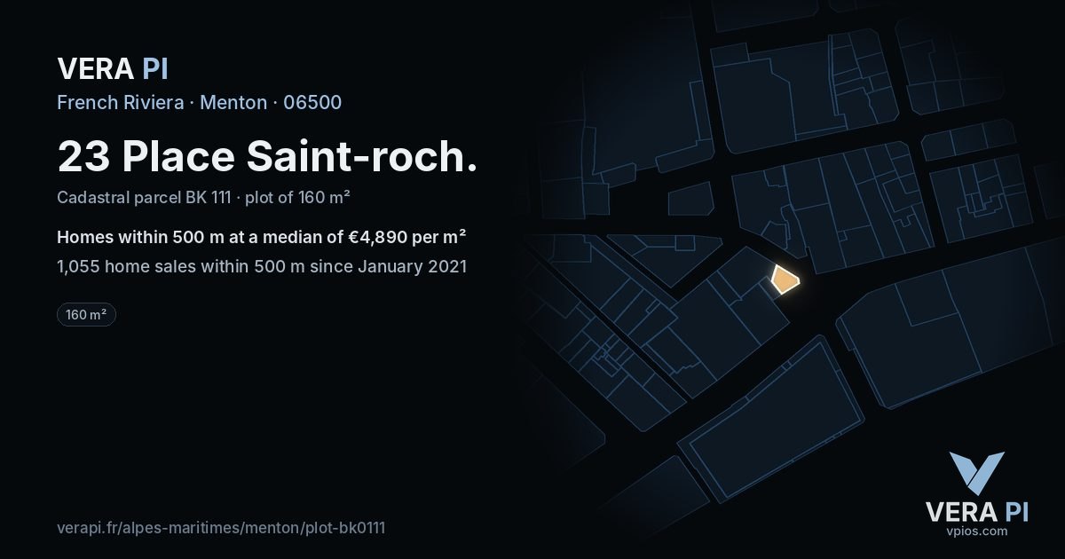 23 Place Saint-roch, Menton at night – the plot lit, the parcels around coloured by the prices near them