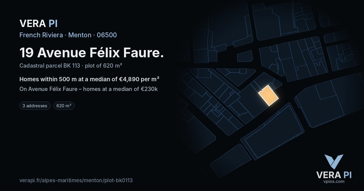 19 Avenue Félix Faure, Menton at night – the plot lit, the parcels around coloured by the prices near them
