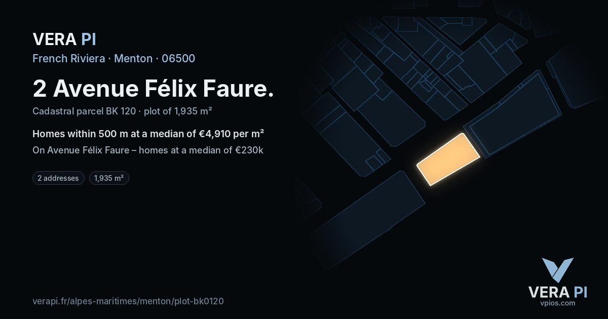 2 Avenue Félix Faure, Menton at night – the plot lit, the parcels around coloured by the prices near them