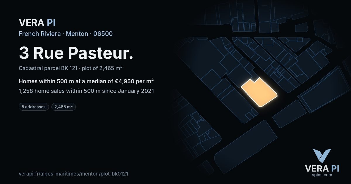 3 Rue Pasteur, Menton at night – the plot lit, the parcels around coloured by the prices near them