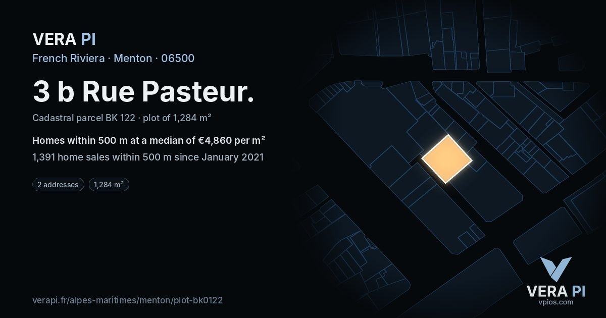 3 b Rue Pasteur, Menton at night – the plot lit, the parcels around coloured by the prices near them