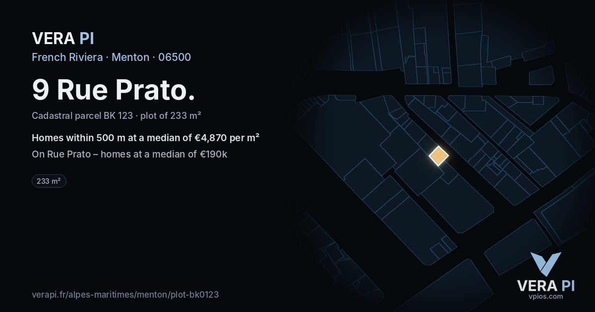9 Rue Prato, Menton at night – the plot lit, the parcels around coloured by the prices near them