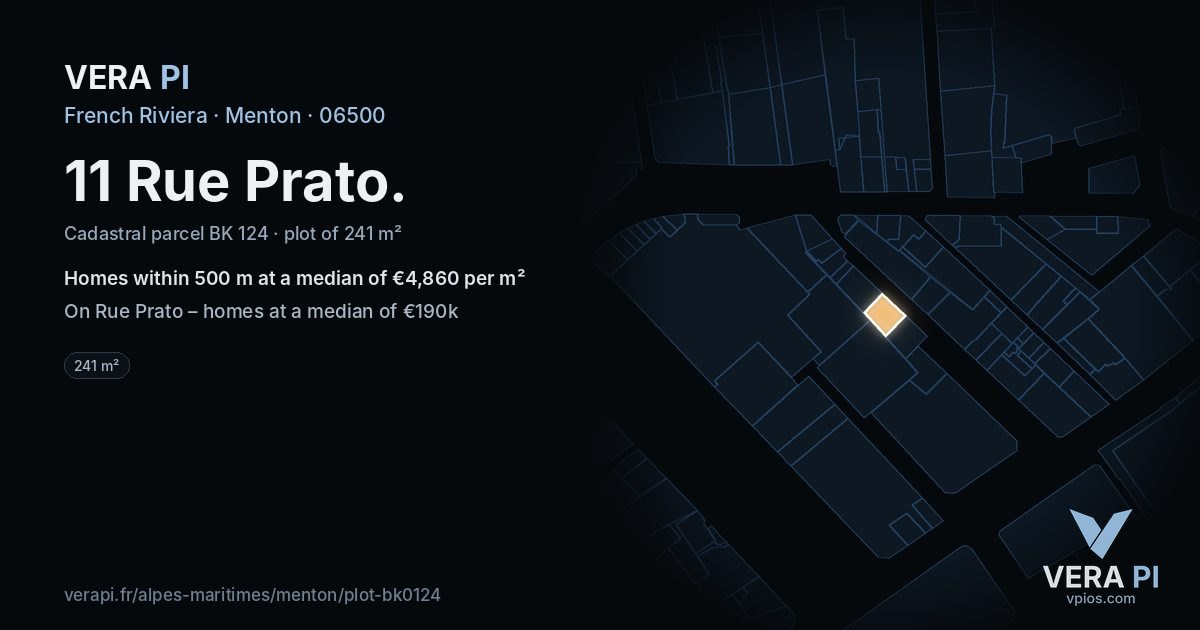 11 Rue Prato, Menton at night – the plot lit, the parcels around coloured by the prices near them