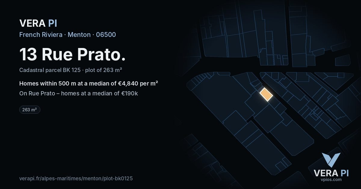 13 Rue Prato, Menton at night – the plot lit, the parcels around coloured by the prices near them