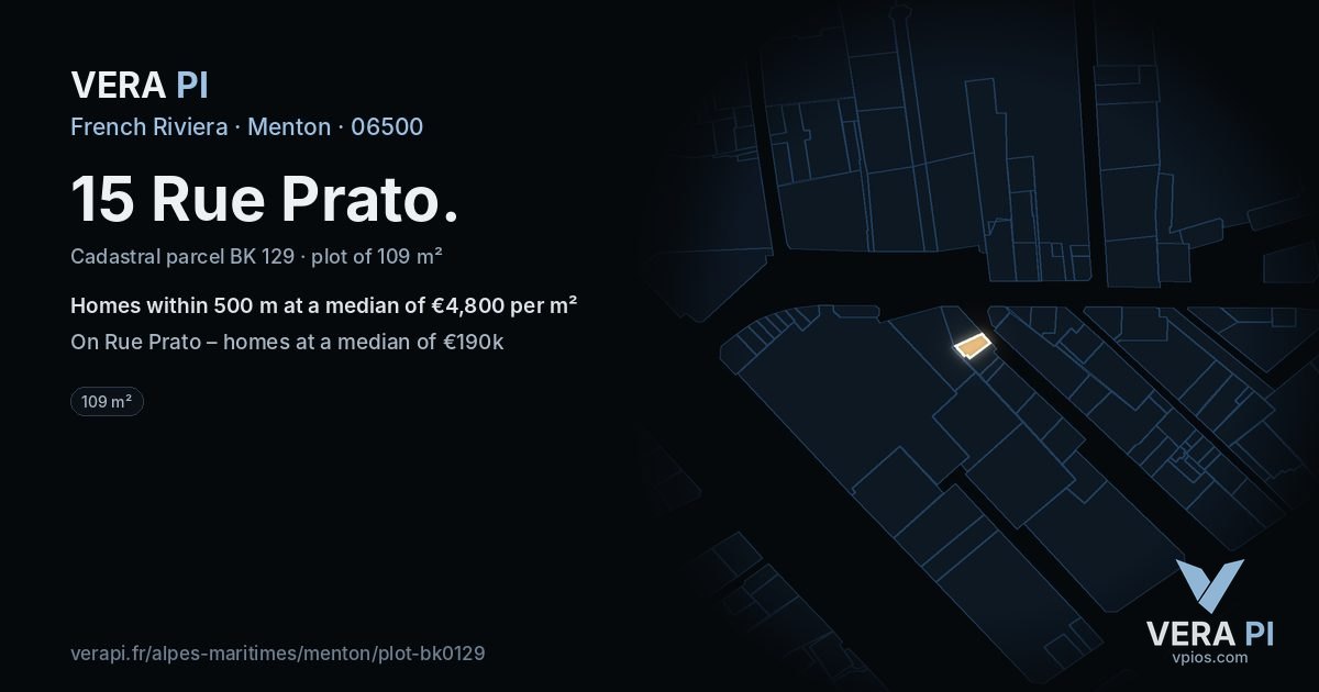 15 Rue Prato, Menton at night – the plot lit, the parcels around coloured by the prices near them