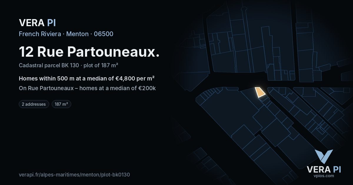 12 Rue Partouneaux, Menton at night – the plot lit, the parcels around coloured by the prices near them