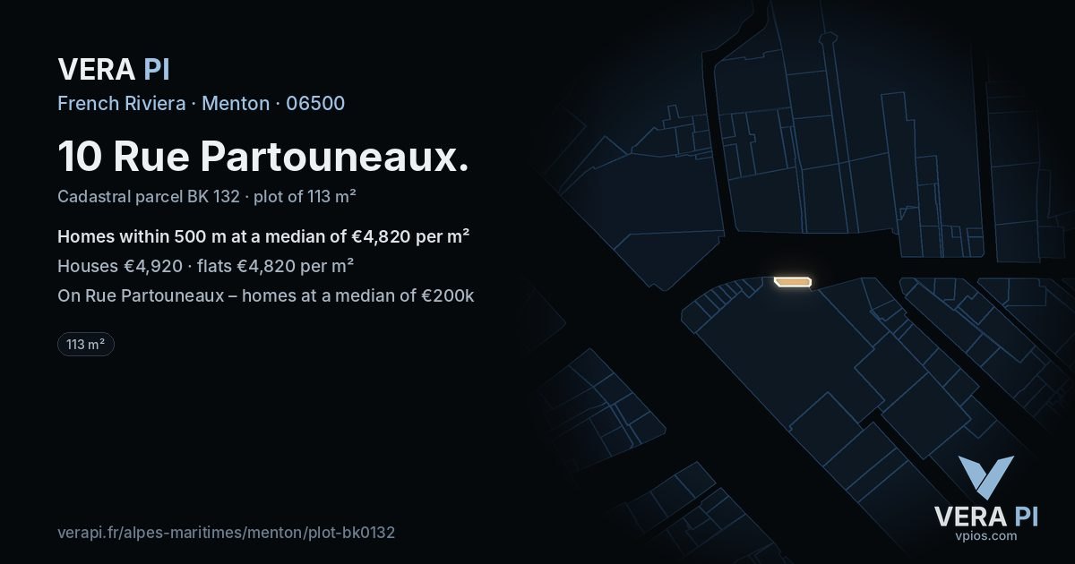 10 Rue Partouneaux, Menton at night – the plot lit, the parcels around coloured by the prices near them