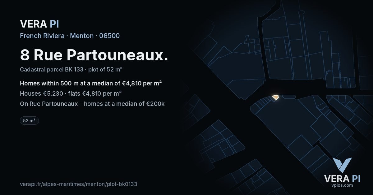 8 Rue Partouneaux, Menton at night – the plot lit, the parcels around coloured by the prices near them