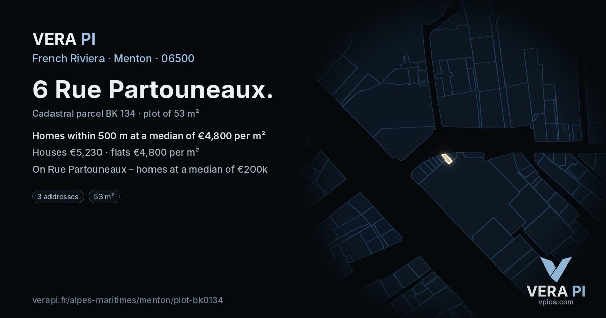 6 Rue Partouneaux, Menton at night – the plot lit, the parcels around coloured by the prices near them