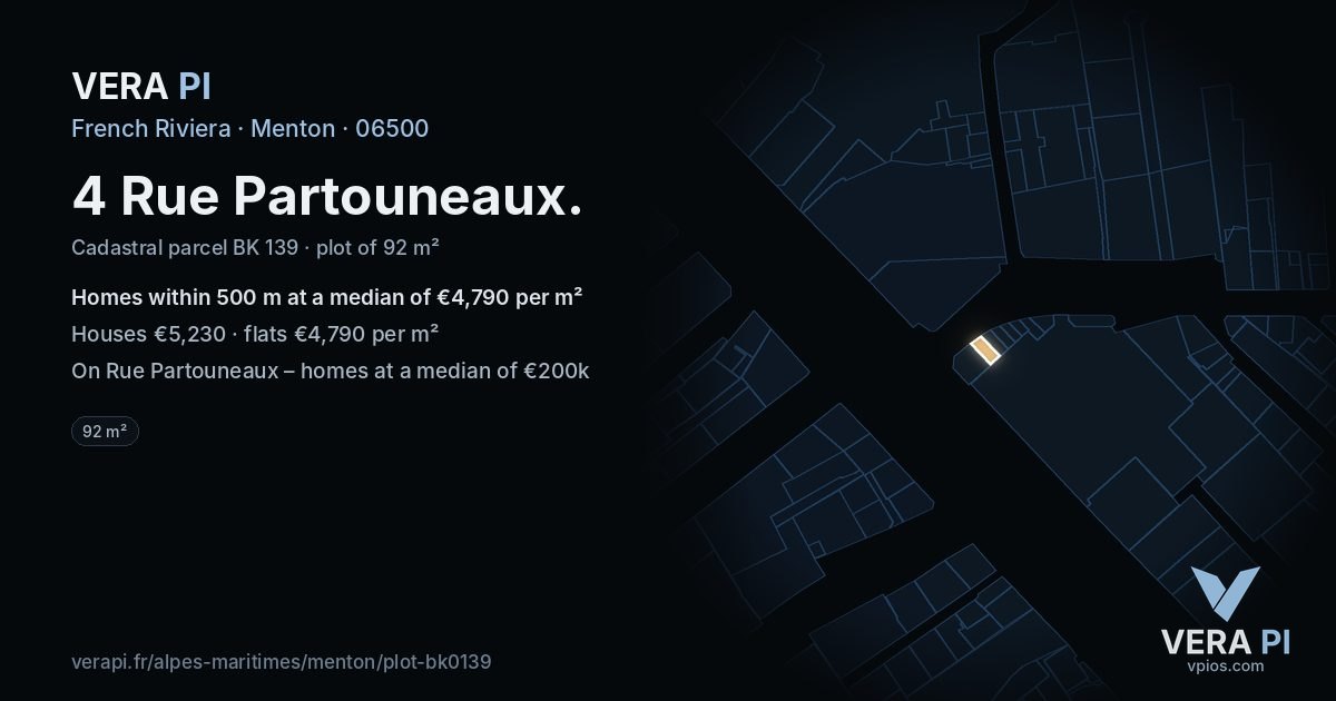 4 Rue Partouneaux, Menton at night – the plot lit, the parcels around coloured by the prices near them