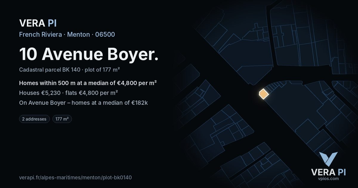 10 Avenue Boyer, Menton at night – the plot lit, the parcels around coloured by the prices near them