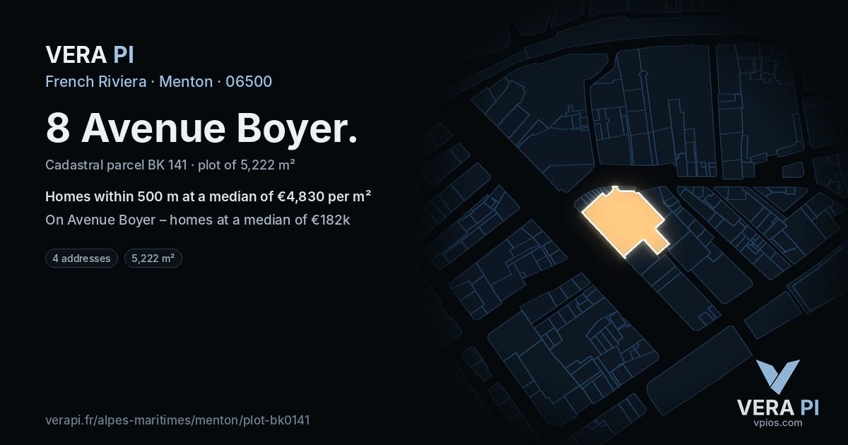 8 Avenue Boyer, Menton at night – the plot lit, the parcels around coloured by the prices near them