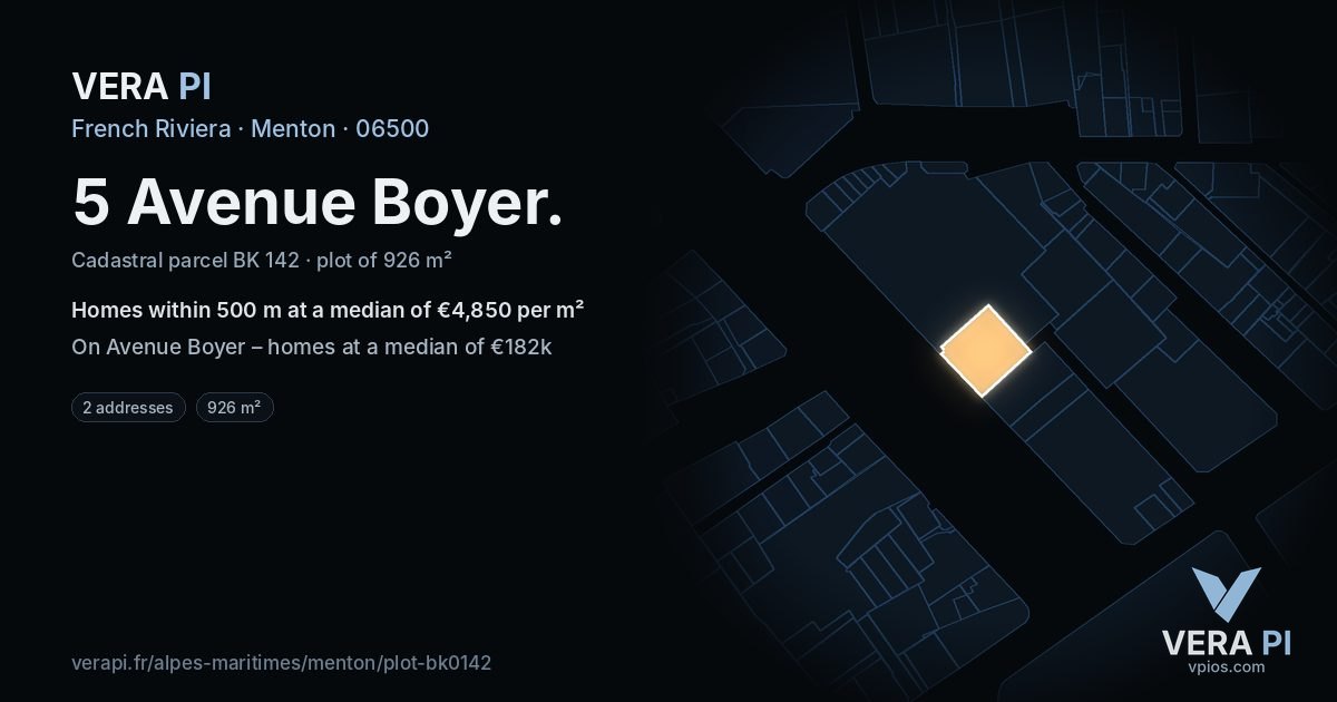 5 Avenue Boyer, Menton at night – the plot lit, the parcels around coloured by the prices near them